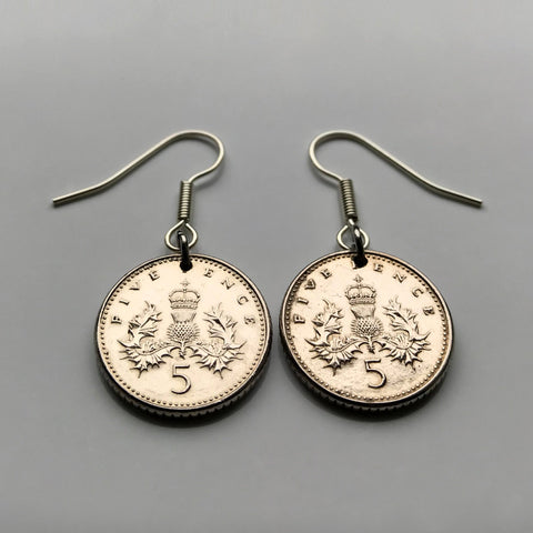 Scotland United Kingdom UK 5 Pence coin earrings crowned Scottish thistle Edinburgh Glasgow Aberdeen Dundee Paisley Stirling St Andrews Perth royal badge Scots jewelry British e000024