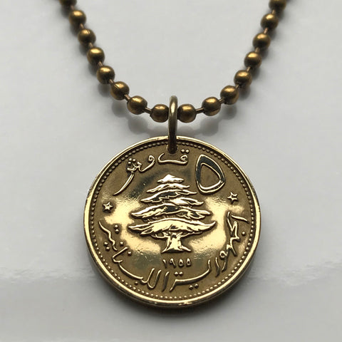 Lebanon Liban 5 Piastres coin pendant necklace jewelry Lebanese cedar tree lion Beirut Tripoli Zahlé Sidon Aley Tyre Nabatieh Ra's Bayrut The Levant Jounieh Batroun Baalbek Beqaa Valley Middle East Arabic n000131