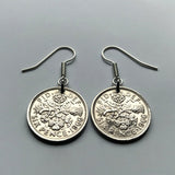 United Kingdom Great Britain 6 Pence coin earrings wedding bride Tudor rose thistle shamrock leek London Manchester Edinburgh Liverpool Cardiff Belfast English Welsh Scottish Irish bridesmaid British e000011