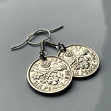 United Kingdom Great Britain 6 Pence coin earrings wedding bride Tudor rose thistle shamrock leek London Manchester Edinburgh Liverpool Cardiff Belfast English Welsh Scottish Irish bridesmaid British e000011