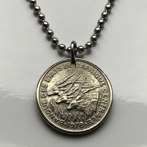 1976 Central African States 50 Francs coin pendant giant eland antelope Central African Republic Cameroon Chad Equatorial Guinea Gabon Congo Bangui Bimbo Sangho Gbeya Baya savanna Burundi Rwanda Kinshasa Yaoundé N'Djamena Libreville Malabo Bangui n001272