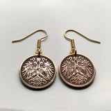 Austria Osterreich 2 Heller coin earrings jewelry double headed eagle Habsburg shield Vienna Wien Salzburg Wien Graz Innsbruck Villach Sankt Polten Wels Solden Ischgl Gmunden Vorarlberg Zell am Alpine See Austro-Hungarian Budapest Hungary e000162