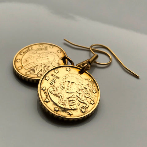 2002 Italy 10 Euro Cent coin earrings Italia Birth of Venus Botticelli Rome Florence lady woman painter oil painting dangle drop e000050