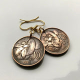 Italy 10 Centesimi coin earrings Italian honey bee bumble Rome Milan Florence Venice Napoli Verona Bologna Turin Palermo Pisa Tuscany Lecce Matera Perugia Campobasso Bari pollination beehive e000139