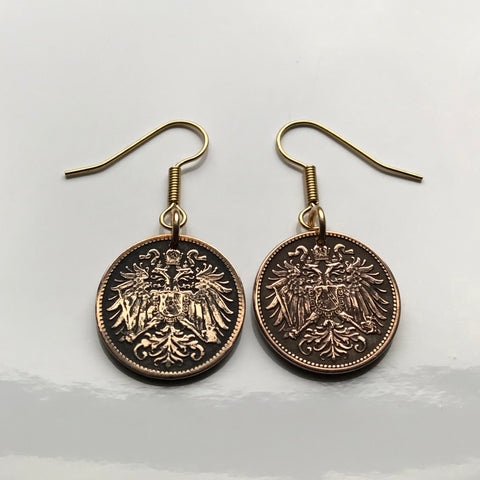 Austria Osterreich 2 pendientes de moneda Heller joyería águila bicéfala Escudo de Habsburgo Viena Viena Salzburgo Wien Graz Innsbruck Villach Sankt Polten Wels Solden Ischgl Gmunden Vorarlberg Zell am Alpine See Austro-Húngaro Budapest Hungría e000162