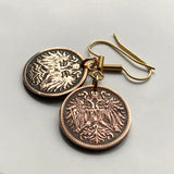 Austria Osterreich 2 Heller coin earrings jewelry double headed eagle Habsburg shield Vienna Wien Salzburg Wien Graz Innsbruck Villach Sankt Polten Wels Solden Ischgl Gmunden Vorarlberg Zell am Alpine See Austro-Hungarian Budapest Hungary e000162