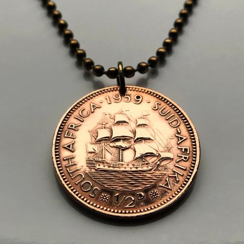 1951 South Africa 1/2 Penny coin pendant necklace jewelry Dromedaris ship sail boat Cape Town Port Elizabeth Pretoria Johannesburg Bloemfontein Vereeniging Soshanguve Xhosa Tswana Zulu Afrikaans Dutch n000450