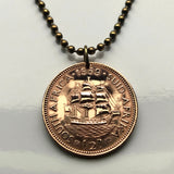 1951 South Africa 1/2 Penny coin pendant necklace jewelry Dromedaris ship sail boat Cape Town Port Elizabeth Pretoria Johannesburg Bloemfontein Vereeniging Soshanguve Xhosa Tswana Zulu Afrikaans Dutch n000450