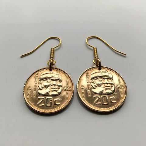 1983 Mexico 20 Centavos coin earrings Olmec colossal heads statue Veracruz Villahermosa Tabasco Mesoamérica Mexican eagle e000206