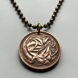 1985 Australia 2 Cents coin pendant necklace fashion jewelry Frill-necked lizard reptile Sydney Melbourne Perth Canberra Brisbane Adelaide Darwin Queensland Victoria Frilled Dragon bicycle lizard Hobart Tasmania n000605