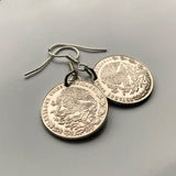 Mexico 20 Centavos coin earrings Mexican eagle Monterrey Guadalajara Puebla Tlaxcala Toluca Tijuana León Iztapalapa Ecatepec Querétaro Juárez Acapulco Mérida Yucatán Cancún Saltillo Cuernavaca Oaxaca Aguascalientes Jalisco Morelia Zapopan Pachuca e000202