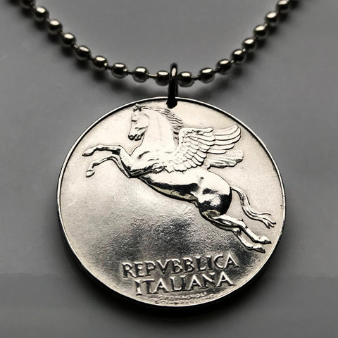 1949 Italy 10 Lire coin pendant necklace jewelry Italia Pegasus flying horse Rome Milan Venice Florence Napoli Torino Verona Palermo Bologna Modena Ferrara Genoa Cagliari Pisa Matera Perugia Ferrara Tuscany n002504