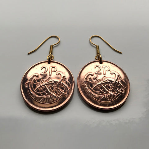 Ireland Éire 2 Pence coin earrings Book of Kells bird Irish harp Dublin Cork Waterford Gospel Book of Columba manuscript script Limerick Leinster Galway Guinness Connacht Icovellavna e000231