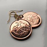 Ireland Éire 2 Pence coin earrings Book of Kells bird Irish harp Dublin Cork Waterford Gospel Book of Columba manuscript script Limerick Leinster Galway Guinness Connacht Icovellavna e000231