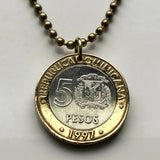 1997 Dominican Republic 5 Pesos coin pendant necklace jewelry Santo Domingo El Cibao Pico Duarte Cap Cana Saona Baní Moca caribbean beach n001438