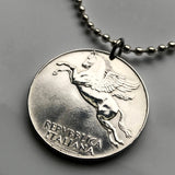 1949 Italy 10 Lire coin pendant necklace jewelry Italia Pegasus flying horse Rome Milan Venice Florence Napoli Torino Verona Palermo Bologna Modena Ferrara Genoa Cagliari Pisa Matera Perugia Ferrara Tuscany n002504