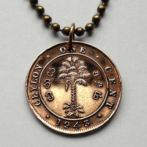 1942 Ceylon Sri Lanka 1 Cent coin pendant Palm Tree Colombo Kotte Sinhalese Buddhism Anuradhapura Kataragama Sabaragamuwa British UK n000790