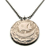 Portugal 50 Escudos coin pendant necklace Portuguese caravela ship Quinas Lisbon Porto Braga Sintra Coimbra Faro Lagoa Algarve Praia da Marinha Vasco da Gama navigator sail ocean sea n000366