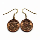 1983 Canada 1 Cent coin earrings Canadian maple leaves twig Toronto Montreal Vancouver Calgary Edmonton Ottawa Québec Winnipeg beavers e000709