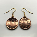 Spain 2 Cents coin earrings Camino de Santiago Compostela cathedral Galicia Way of Saint James apostle Ourense Ferrol Christianity Praza do Obradoiro Lugo pilgrimage Madrid Sevilla Pontevedra e000320