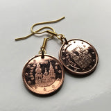 Spain 2 Cents coin earrings Camino de Santiago Compostela cathedral Galicia Way of Saint James apostle Ourense Ferrol Christianity Praza do Obradoiro Lugo pilgrimage Madrid Sevilla Pontevedra e000320