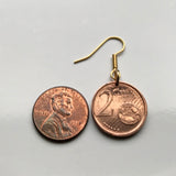 Spain 2 Cents coin earrings Camino de Santiago Compostela cathedral Galicia Way of Saint James apostle Ourense Ferrol Christianity Praza do Obradoiro Lugo pilgrimage Madrid Sevilla Pontevedra e000320