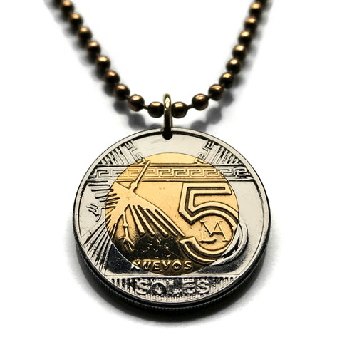 2015 Peru 5 Soles coin pendant mysterious Nazca desert Lines Condor bird ancient geoglyphs drawings Ica Lima UNESCO Heritage Site archaeological UFO Piura Cusco Chimbote Tacna Juliaca Puno Paracas Atacama desert Cahuachi Arequipa Trujillo n001319