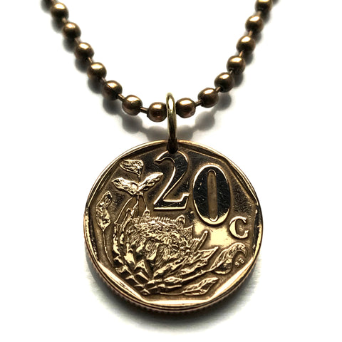 South Africa 20 Cent coin pendant King Protea flowering plant flower giant protea honeypot king sugar bush fynbos Cape Town Johannesburg Port Elizabeth Pretoria Bloemfontein Limpopo Nguni Bantu Zulu isiXhosa Afrikaan Table Mountain Azania n003143