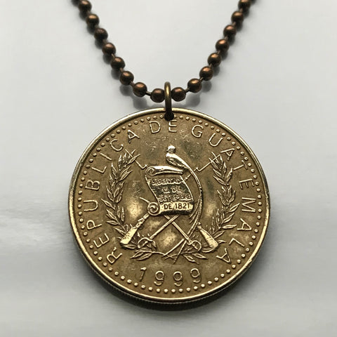 1999 Guatemala 1 Quetzal coin pendant necklace fashion jewelry Resplendent Quetzal bird Paz Firme y Duradera Mixco Villa Nueva Escuintla Huehuetenango Jutiapa Petapa Tikal Quiriguá Mayas n003227