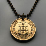 Portugal 5 Escudos coin pendant necklace Portuguese Quinas castles Porto Lisbon Braga Faro Lagoa Sintra Coimbra Évora Vasco da Gama Maria de Belém Algarve Guimarães Mirandese n000188