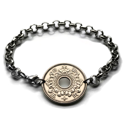 Japan Nippon 50 Yen Chrysanthemum flower Tokyo Kobe Osaka coin bracelet Okinawa Hiroshima Chiba Sakai Niigata Nagasaki Honshu Kanji b000054