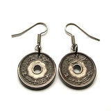 1920-1932 Japan 5 Sen coin earrings Yata sacred mirror floral Tokyo Kobe Saitama Samurai symbol Judo Chiba Sakai Okinawa Nippon e000065