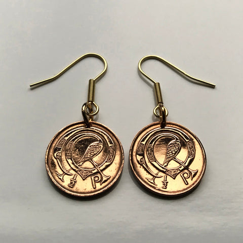 Ireland Éire 1/2 Pingin coin earrings jewelry Book of Kells illuminated manuscript Gospel Book of Columba Irish bird initial O Insular art motif Celtic harp Cláirseach Gaelic Dublin Cork Limerick Galway Waterford Killarney Ulster Munster Guinness e000019