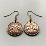 Trinidad and Tobago 1 Cent coin earrings jewelry Scarlet Ibis Cocrico Port of Spain hummingbird Arima Couva Scarborough Soca Rapso steelpan Point Fortin Diego Martin Trinbagonian caribbean island e000069