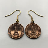 Pendientes con moneda de 1 centavo de Trinidad y Tobago de 1967, joyas, ibis escarlata, cocrico, colibrí de Puerto España, arima, couva, Scarborough, soca, rapso, steelpan, punta, Fortin, Diego Martin, isla caribeña de Trinidad y Tobago e000069