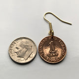 Pendientes con moneda de 1 centavo de Trinidad y Tobago de 1967, joyas, ibis escarlata, cocrico, colibrí de Puerto España, arima, couva, Scarborough, soca, rapso, steelpan, punta, Fortin, Diego Martin, isla caribeña de Trinidad y Tobago e000069