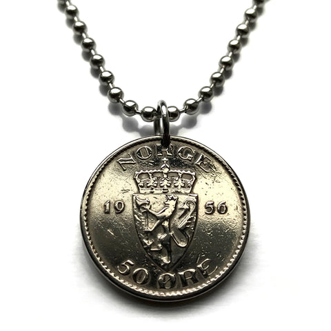1955 Norway Norge Noreg 50 Ore coin pendant Norwegian lion Den norske løve Oslo Nordic Fredrikstad/Sarpsborg Viken Tromsø Vestre Aker Norsemen n000620