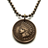 USA Indian Head Cent coin pendant Native American Indian First Nation Chief Tribal feathered headdress War bonnet Great Plains American Civil War Navajo Cherokee Choctaw Chippewa Sioux Apache Blackfeet Creek Iroquois Lumbee Pueblo Chickasaw n000807