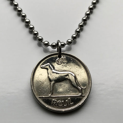 1942 Ireland Éire 6 Pence coin pendant necklace jewelry Wolfhound dog Irish Gaelic harp Cláirseach Dublin Cork Limerick Galway Waterford Drogheda Swords Dundalk Guinness Munster Ulster Gaels Goidels n000120