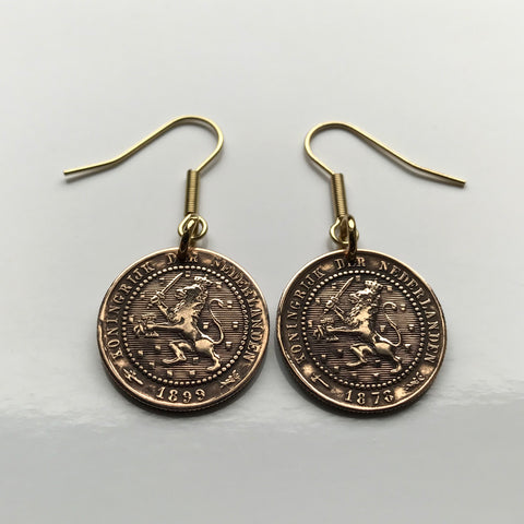 late 1800's Netherlands Nederland 1 Cent coin dangle earrings jewelry Dutch lion Amsterdam Utrecht Holland Rotterdam The Hague Leiden Eindhoven Tilburg Nijmegen Groningen Almere Stad Breda Haarlem Gouda e000218