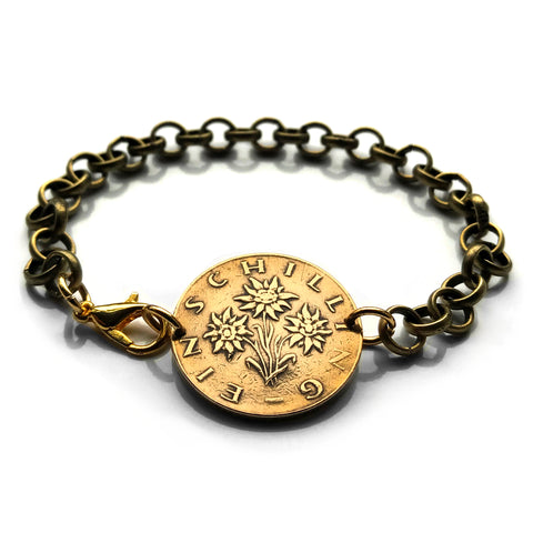 1984 Austria Österreich 1 Schilling coin bracelet Edelweiss flower Vienna Alpine plant daisy sunflower Salzburg Graz Linz Innsbruck Klagenfurt Villach Tyrol Styria Carinthia Sankt Pölten Wels b000025