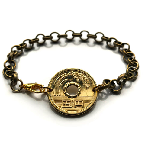 Japan Nippon Nihon 5 Yen coin rolo link bracelet rice stalk Tokyo Kobe Yokohama Osaka Nagoya Sapporo Kawasaki Kyoto Sendai Chiba Fukuoka Japanese jewelry Okinawa Sakai Niigata Shizuoka Kantō Kanji b000028