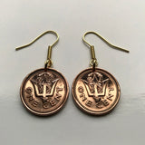 Barbados 1 Cent coin earrings Barbadian The Broken Trident of Poseidon 3 pronged spear drietand dolphin fish pelican Bridgetown Oistins Holetown Speightstown Saint Michael Six Cross Roads Broad Street South Point Lighthouse Caribbees aquaman e000208