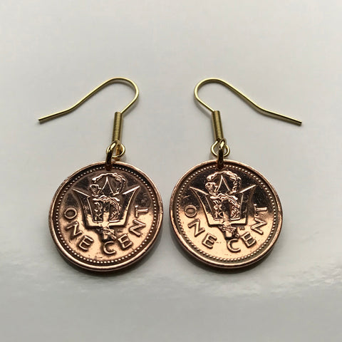 Barbados 1 Cent coin earrings Barbadian The Broken Trident of Poseidon 3 pronged spear drietand dolphin fish pelican Bridgetown Oistins Holetown Speightstown Saint Michael Six Cross Roads Broad Street South Point Lighthouse Caribbees aquaman e000208