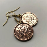 Barbados 1 Cent coin earrings Barbadian The Broken Trident of Poseidon 3 pronged spear drietand dolphin fish pelican Bridgetown Oistins Holetown Speightstown Saint Michael Six Cross Roads Broad Street South Point Lighthouse Caribbees aquaman e000208