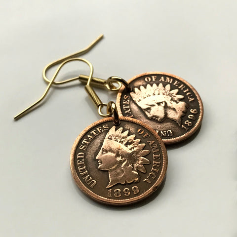 USA coin earrings Native American Indian Head 1 Cent First Nations Chief Tribal feathered headdress War bonnet Great Plains Civil War Navajo Cherokee Choctaw Chippewa Sioux Apache Blackfeet Creek Iroquois Lumbee Pueblo Chickasaw Yup'ik Potawatomi e000171