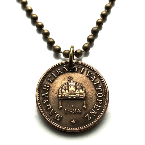1908 Hungary Magyars 2 Filler coin pendant necklace jewelry Hungarian Holy Crown of Saint Stephen Szent Korona Budapest Debrecen Szeged Miskolc Pécs Győr Gellért Hill Nyíregyháza Jászság Fejér Hajdú-Bihar n000889