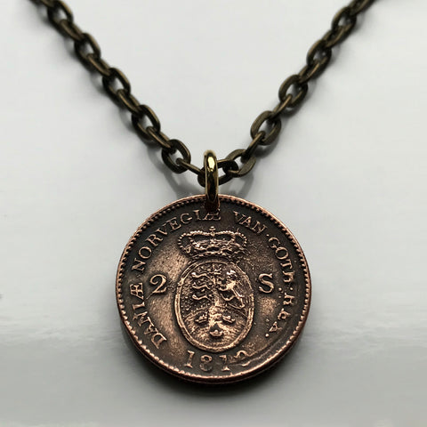 1810 Denmark 2 Skilling coin pendant Danish crown blue lions Norway Sweden Swedish 3 crowns Tre Kroner Copenhagen Aarhus Odense Aalborg Oslo Vejle Funen Slotsholmen Frederiksberg Scandinavia n003448