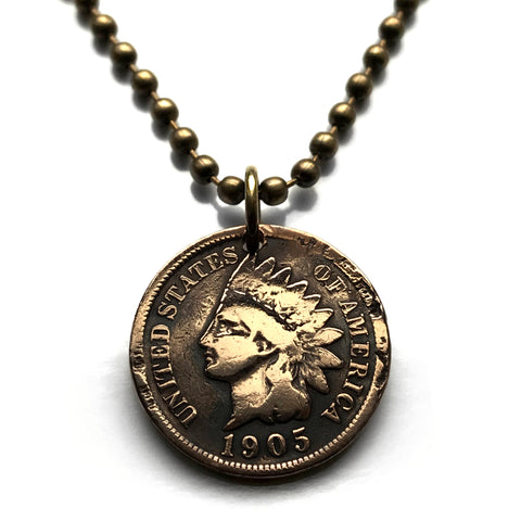 1905 USA Indian Head Penny Cent coin pendant Native American Indian First Nation Chief Tribal feathered headdress War bonnet Great Plains American Civil War Navajo Cherokee Choctaw Chippewa Sioux Apache Blackfeet Creek Iroquois Lumbee Chickasaw n000807b
