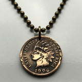 1905 USA Indian Head Penny Cent coin pendant Native American Indian First Nation Chief Tribal feathered headdress War bonnet Great Plains American Civil War Navajo Cherokee Choctaw Chippewa Sioux Apache Blackfeet Creek Iroquois Lumbee Chickasaw n000807b